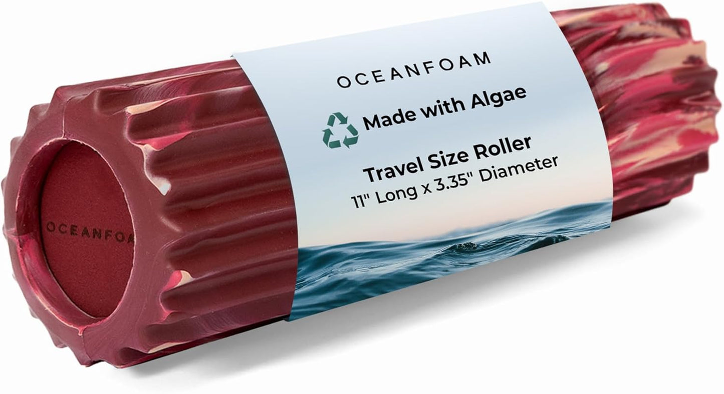 Oceanfoam Ripple Travel Foam Roller (11" x 3.35") Firm Mini Foam Roller for Physical Therapy, Deep Tissue Massage, Back Pain - High Density, Wave Textured - Yoga (Maroon, Blush & Hot Pink Marbled)