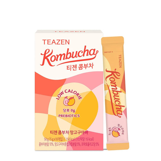 TEAZEN Mango Guava Kombucha Tea, Hydration Drink Mix, Sugar Free, Live Probiotics & Prebiotics, 10 Sticks, 1.76oz