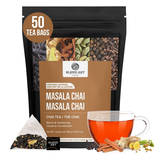 Blendart India's Original Masala Chai Tea bags 50 Count | Eco- Conscious Tea Bags | Premium Assam Black Tea | Ginger and Cardamom Flavour | Whole Loose leaf Tea bags | Indian Spiced Chai Tea Bags