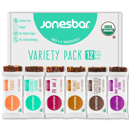 JONESBAR (Variety Pack, 12 Count (Pack of 1)), USDA Organic Fruit & Nut Bar, Non-GMO, Kosher, Vegan, Gluten Free, Simple Snack Bar
