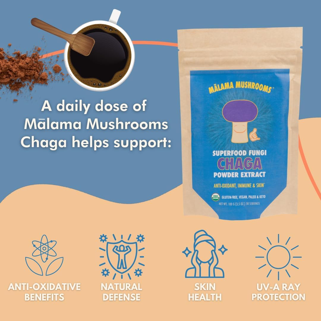 Chaga Extract Powder by Malama, Organic Fruiting Body Chaga Mushroom Powder, Superfood Adaptogenic, Supports Immune System, Skin Health, and Fatigue, 100 Servings