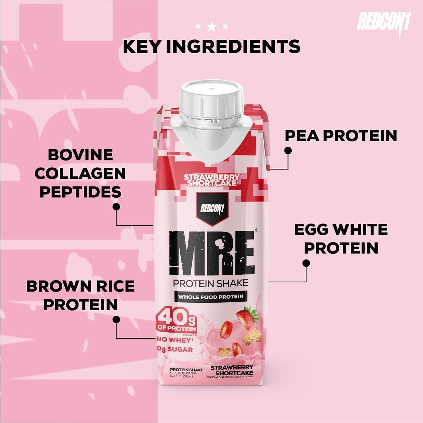 REDCON1 MRE Ready to Drink Protein Shakes, Strawberry Shortcake - Protein Drinks with Whole Food Sources - Sugar Free RTD Shake Formulated to Fuel Athletes at Any Time (12 Pack)