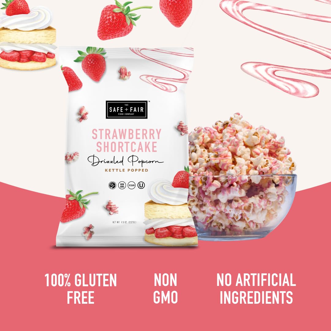 Safe + Fair Plant-Based Gourmet Strawberry Flavored Popcorn - Strawberry Shortcake Drizzled Kettle Corn Popcorn - Non-GMO + Gluten-Free Snacks 5.5oz,6 Pack