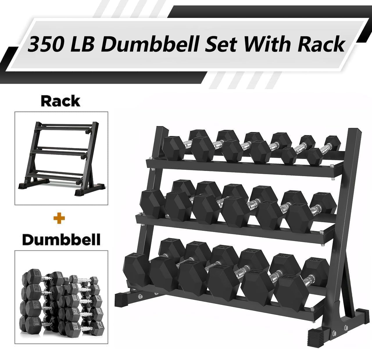 350LB 450LB 550LBS Rubber Hex Dumbbell Sets with Rack for Home Gym, 5-50LB Dumbbell Sets Coated Hand Weights for Strength Training, Workouts (5, Pounds)