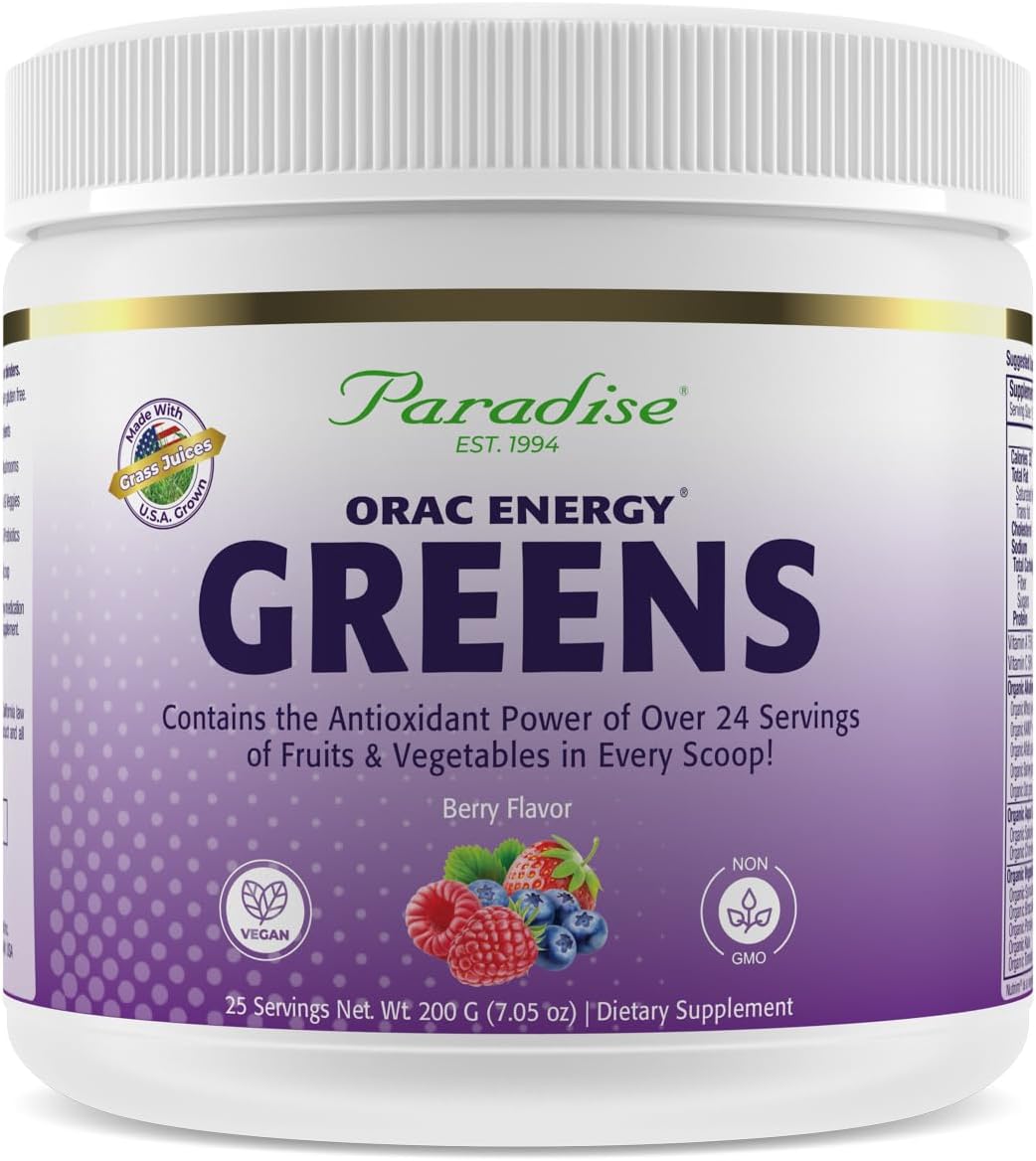 Paradise Herbs ORAC Energy Greens, Berry Superfood Powder, Over 40,000 ORAC Antioxidants, Organic Greens, Berries, Mushrooms & Probiotics, Non-GMO, Gluten-Free, 25 Servings