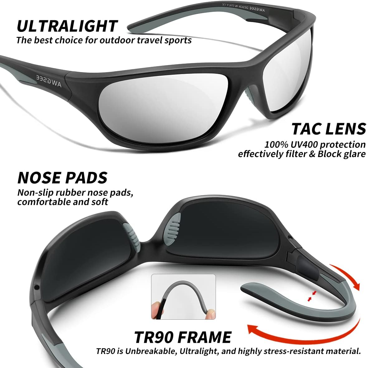 Polarized Sports Sunglasses for Men,TR90 Unbreakable Frame Sunglasses for Fishing Driving Cycling UV400 Protection