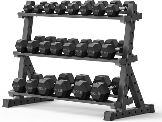 PAPABABE Hex Dumbbell Set with Rack, Rubber Encased Free Weight with Weight Storage Racks, Multiple Weight Options for Home Gym and Fitness