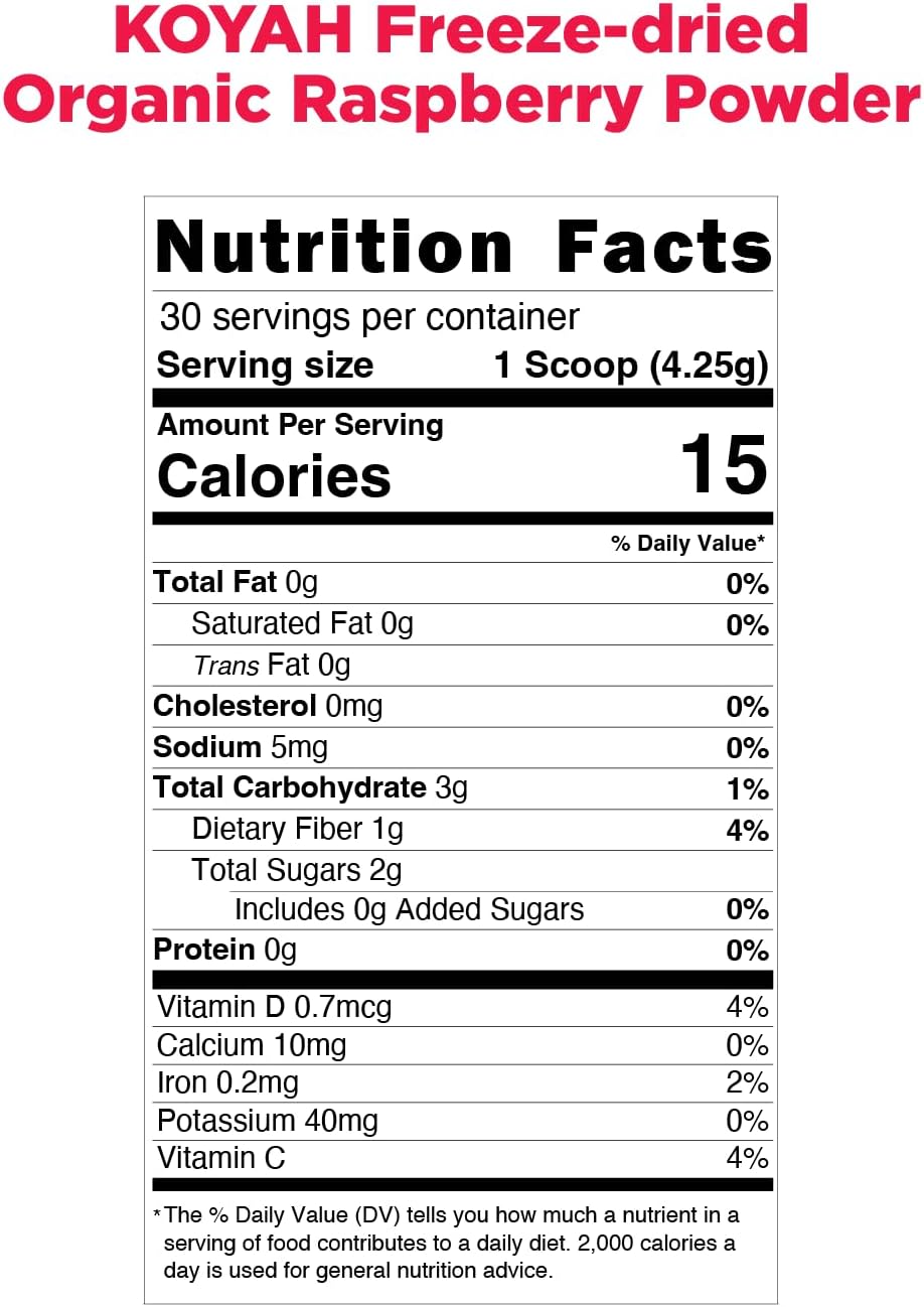 KOYAH - Organic Raspberry Powder 30 Servings (1 Scoop = 15 Raspberries), Freeze-Dried, Whole-Berry Powder, Equivalent to 450 Raspberries