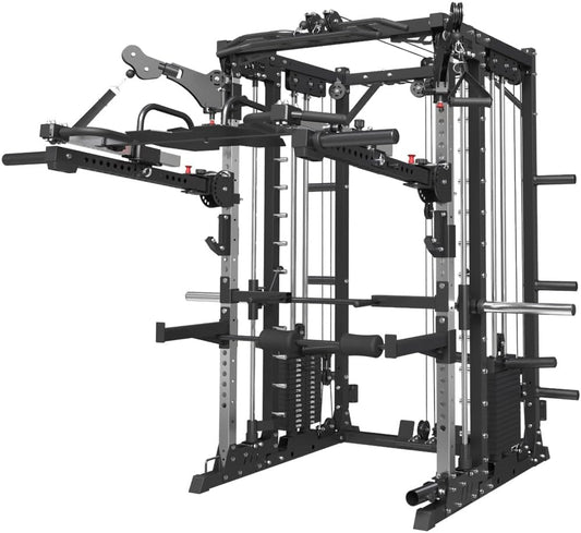 FAGUS Commercial Smithe Machine with 308lb Dual Weight Stacks, 4000LBS Power Cage Squat Rack with Lever Arm & Leg Press, Multi-Function Linear Bearing Cable Crossover Machine for Home Gym