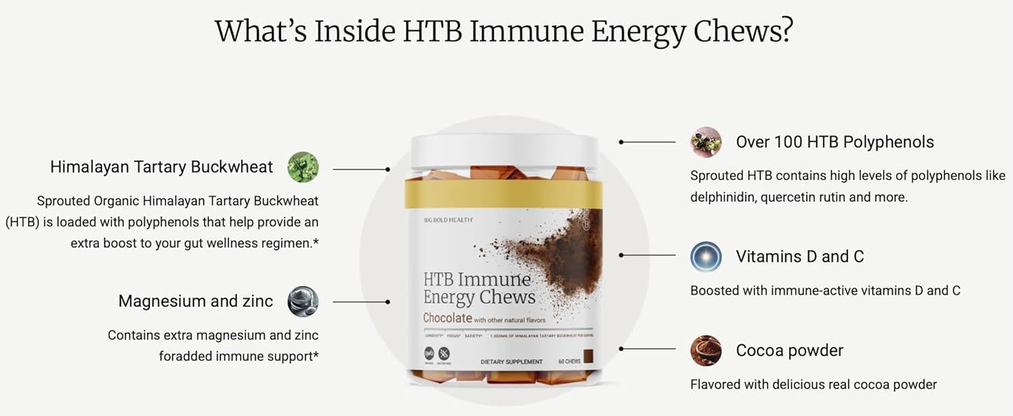 BIG BOLD HEALTH HTB Immune Energy Chews, Organic Sprouted Buckwheat with Vitamin D, Vitamin C, Zinc and Magnesium. Flavored with Delicious Real Cocoa Powder.