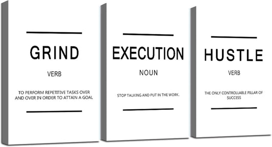 Framed Canvas Wall Art Success Quote, Office Wall Art, Black Large Poster, Positive Motivational Set of 3 Prints, Grind Execution Hustle Poster, Inspirational Print (C-3pcs,24x36inchx3pcs)