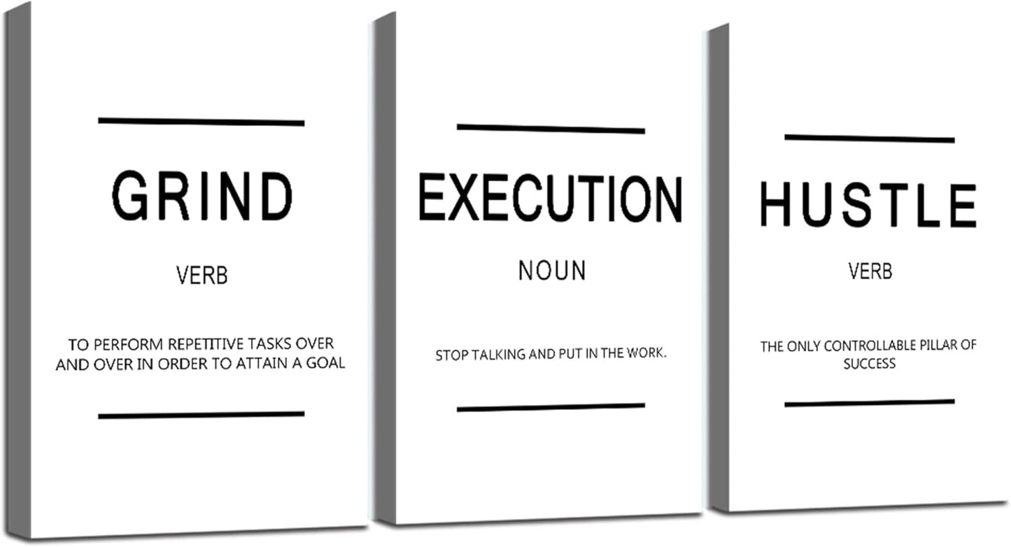 Framed Canvas Wall Art Success Quote - Office Wall Art, White Large Poster, Positive Motivational Set of 3 Prints, Execute Grand Hustle Poster, Inspirational Print (C-3pcs,20x30inchx3pcs)