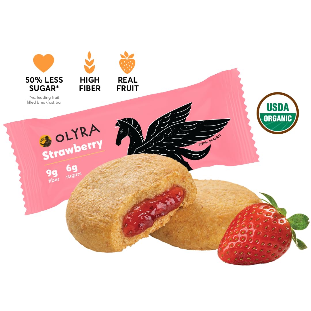 Olyra Strawberry Organic Fruit Bars, Prebiotic High Fiber Snack, Gut Health, Fruit Filled & Whole Grain Bites, Kids Healthy Snacks, Low Sugar, Vegan, USDA Certified Organic, Non GMO (Pack of 24)