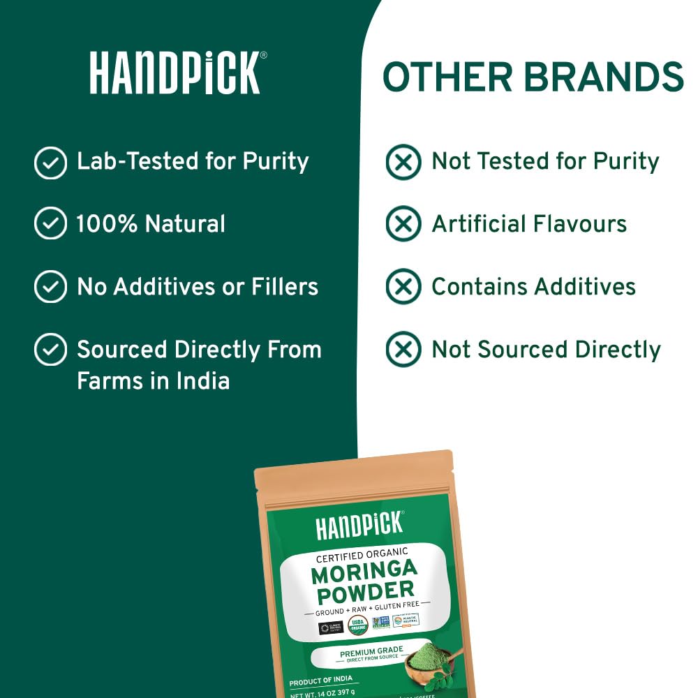 HANDPICK USDA Organic Moringa Powder (397g/14oz) Pure Moringa Oleifera Leaf Powder | Authentic Indian Origin | Gluten Free, Non-GMO | Perfect for Smoothies, Drinks, Tea & Recipes
