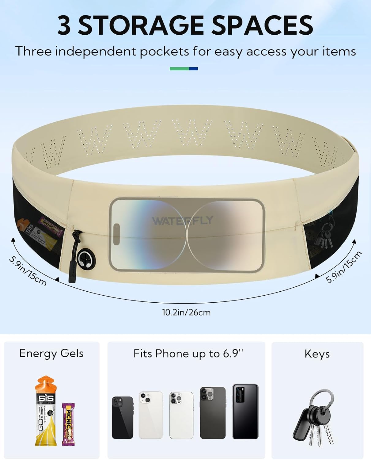 WATERFLY Running Belt Fanny Pack: Slim Waist Bag for Men Women, Workout Fitness Phone Holder for Exercise Marathon Jogging-Beige