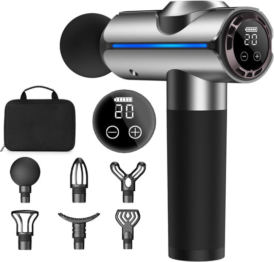 Percussion Massage Gun, Electric Handheld Muscle Back Massager, Deep Tissue Back Massage for Athletes for Pain Relief with 20 Speeds & LED Screen with Carry Case, Gift for Men/Women, Silver