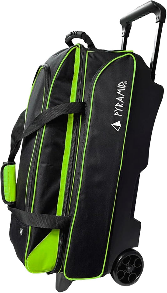 Pyramid Prime Triple Roller 3-Ball Bowling Bag with Extra Large Shoe Compartment (Fits Two Pairs of US Mens Size 15), Retractable Locking Handle (Extends to 41.5"), 1 Large Accessory Pocket, 5" Wheels