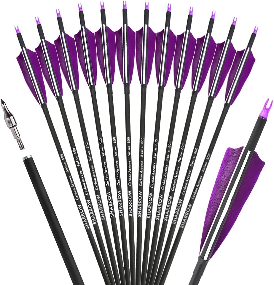 ZSHJGJR 30 Inch Archery Carbon Arrows Hunting Arrows with 4” Turkey Feather Target Practice Arrows Spine 500 for Compound & Recurve &Traditional Bow 6/12pcs