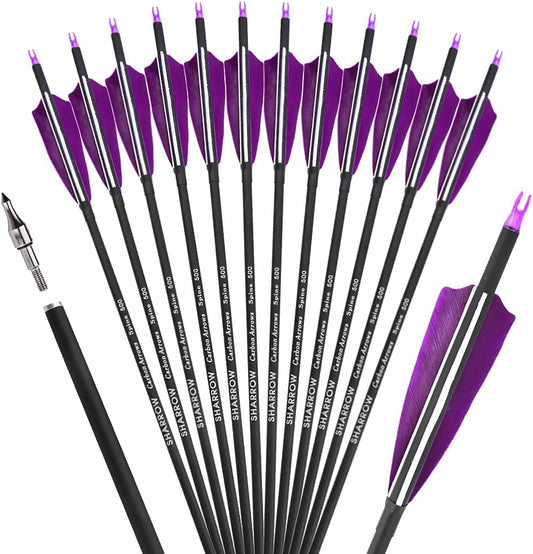 ZSHJGJR 30 Inch Archery Carbon Arrows Hunting Arrows with 4” Turkey Feather Target Practice Arrows Spine 500 for Compound & Recurve &Traditional Bow 6/12pcs