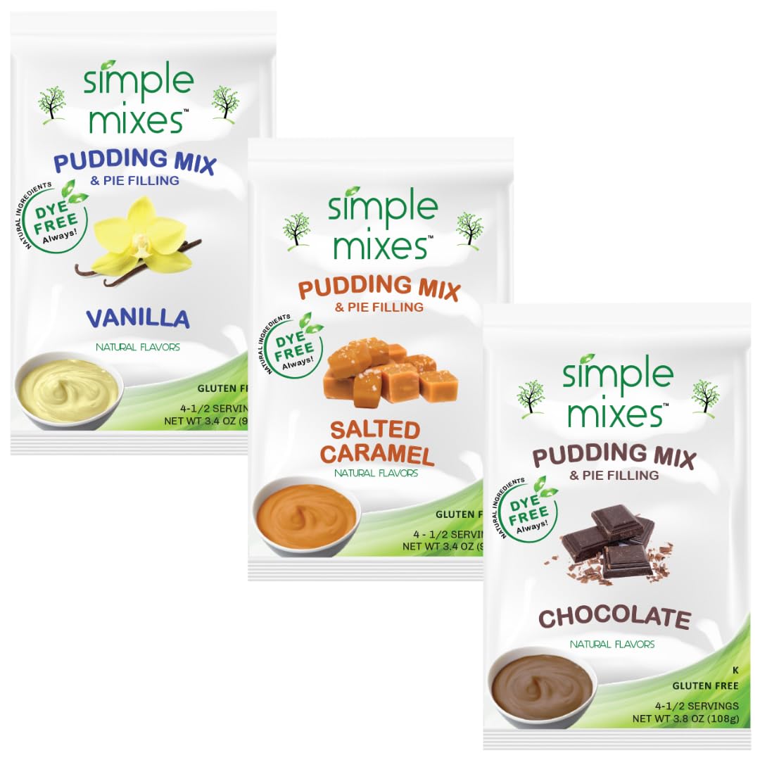 Simple Mixes Natural Instant Pudding & Pie Filling Mix, Vanilla, Chocolate, Salted Caramel, Gluten and Dye-Free, No Fat, or Lactose, Kosher, Variety 3 Pack
