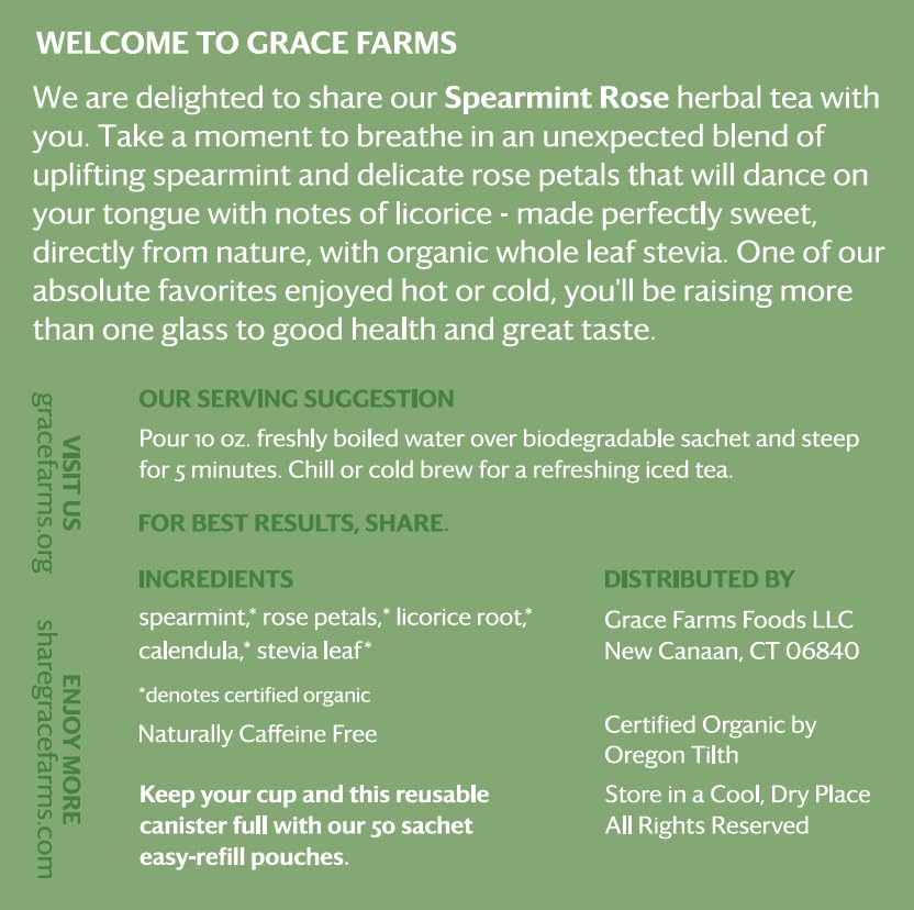Grace Farms Organic SPEARMINT ROSE Herbal Tea (16 Pyramid Sachets) | Naturally Sweet, Stress Relieving and Caffeine Free | Organic, Fair Trade and Kosher Certified | Delicious Iced Tea | Gives Back 100% of Profits