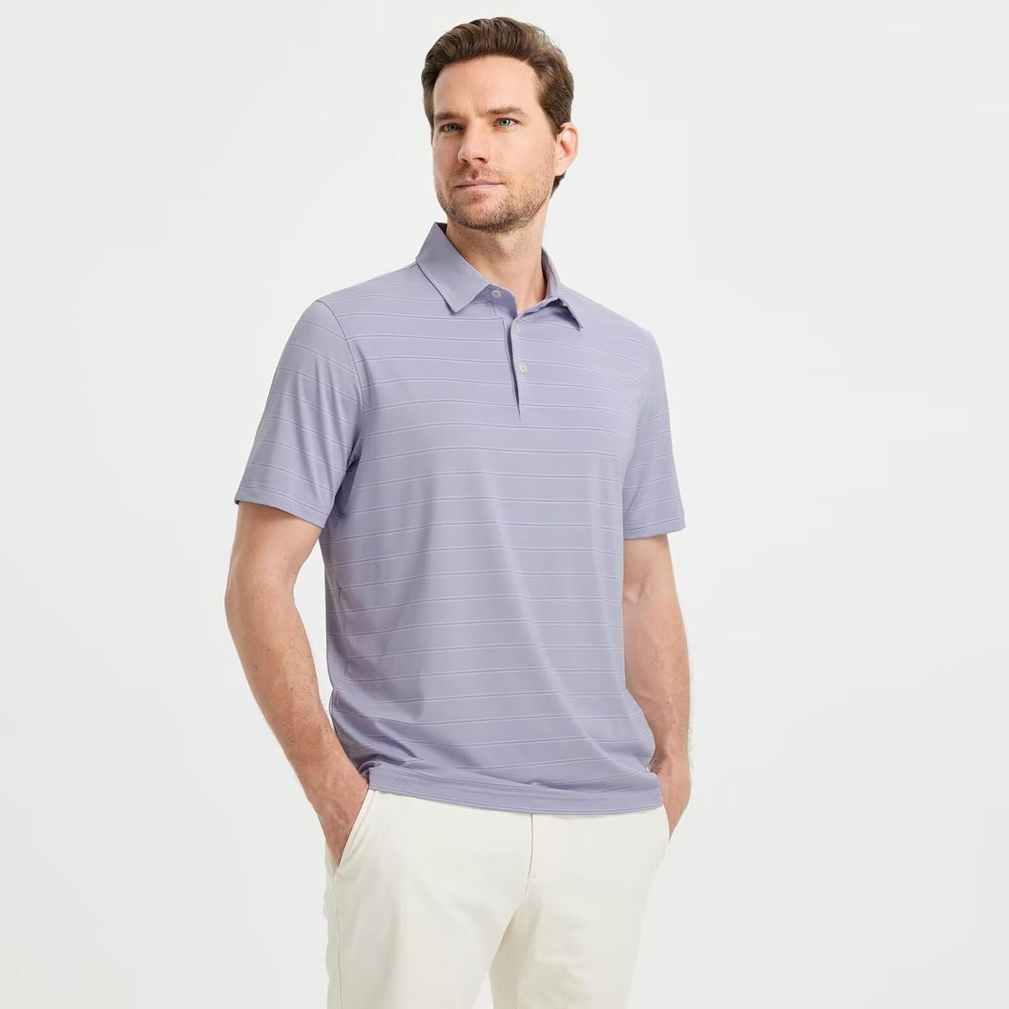 M MAELREG Golf Shirts for Men Moisture Wicking Striped Polo Performance Dry Fit Business Sports Mens Polo Shirts Short Sleeve