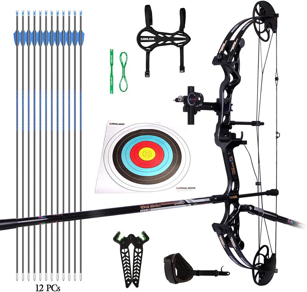 Sanlida Hero X8 Junior Professional- Grade Standard Target Compound Bow and Arrow Kit with Target Accessories for Competition for Juniors, Youths, Ladies/Limited Life-time Warranty/14-60Lbs