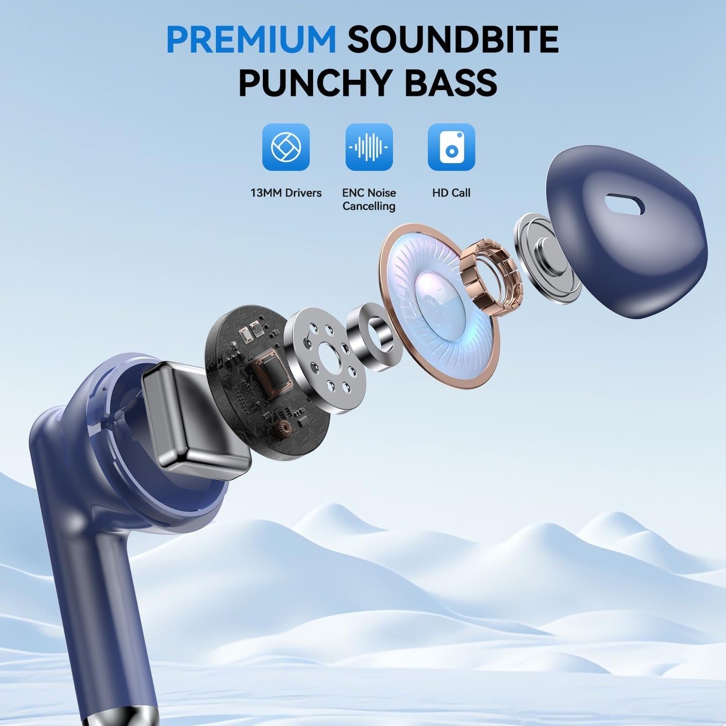 Wireless Earbuds, 2025 Bluetooth 5.4 Bass Stereo Headphones with 4 ENC Mic, 50H Playback Ear Buds with Charging Case LED Display,Sport Earphones IPX7 Waterproof for Phone, Android, Pad, Blue