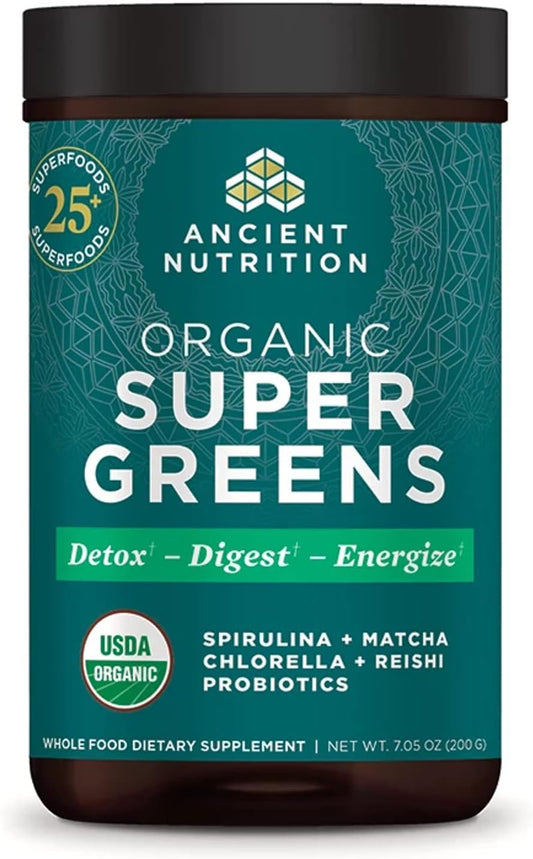 Ancient Nutrition Super Greens Powder, Organic Superfood Powder with Probiotics Made with Spirulina, Chlorella, Matcha, and Digestive Enzymes, 25 Servings, 7.05oz