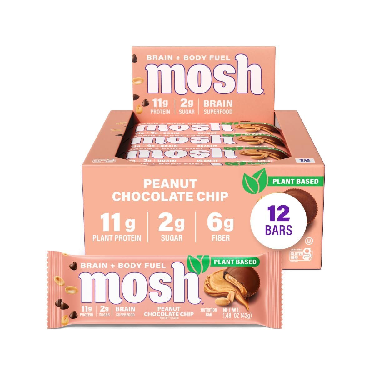 MOSH Peanut Chocolate Chip Vegan Protein Bars, Plant Based, Keto, Gluten Free, Brain Healthy Snack with Cognizin, Ashwagandha and Lion's Mane, 12 Count