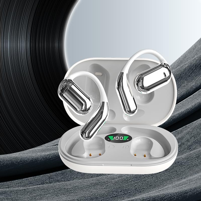 Wireless Earbuds Bluetooth Earbuds Built-in Mic with Ear Hooks 50H Playtime Ear Buds LED Display Charging Case Waterproof Design for Running Fitness (White)