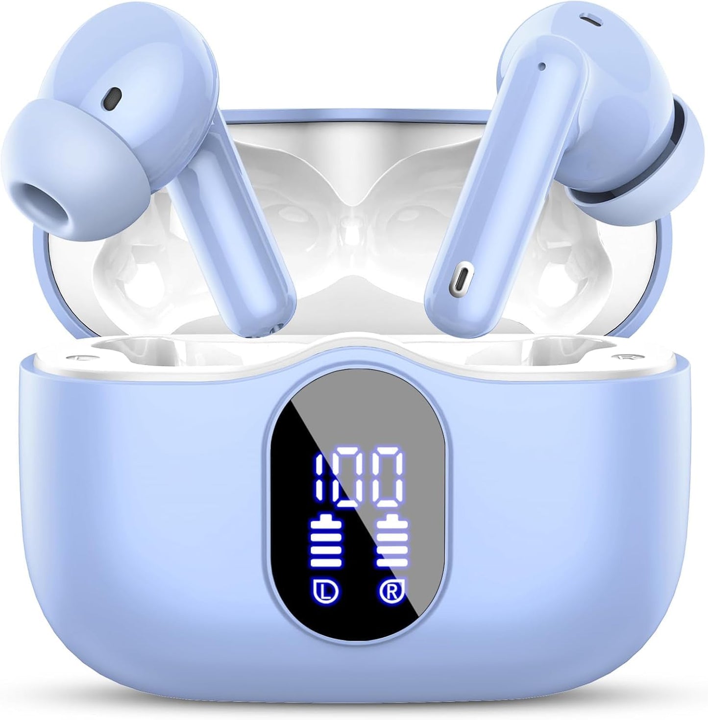 Wireless Earbuds, Bluetooth 5.4 Headphones Bass Stereo, Ear Buds with Noise Cancelling Mic, IP7 Waterproof in Ear Earphones, 36H LED Display Bluetooth Earbuds for Laptop Pad Phones Sports, Pale Blue