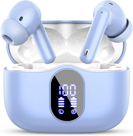 Wireless Earbuds, Bluetooth 5.4 Headphones Bass Stereo, Ear Buds with Noise Cancelling Mic, IP7 Waterproof in Ear Earphones, 36H LED Display Bluetooth Earbuds for Laptop Pad Phones Sports, Pale Blue