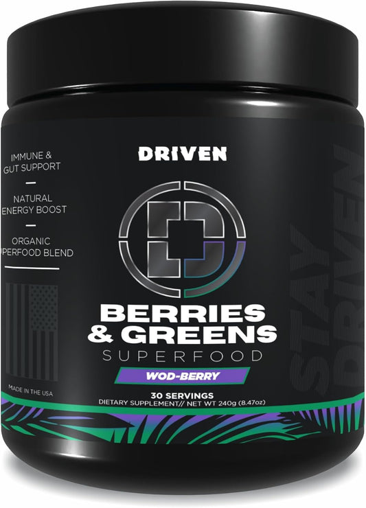 Driven B&G Berries & Greens Superfood Powder, 30 Servings - Organic Plant-Based Formula with Probiotics & Digestive Enzymes -Supports Recovery, Healthy Digestion, and Immune Function