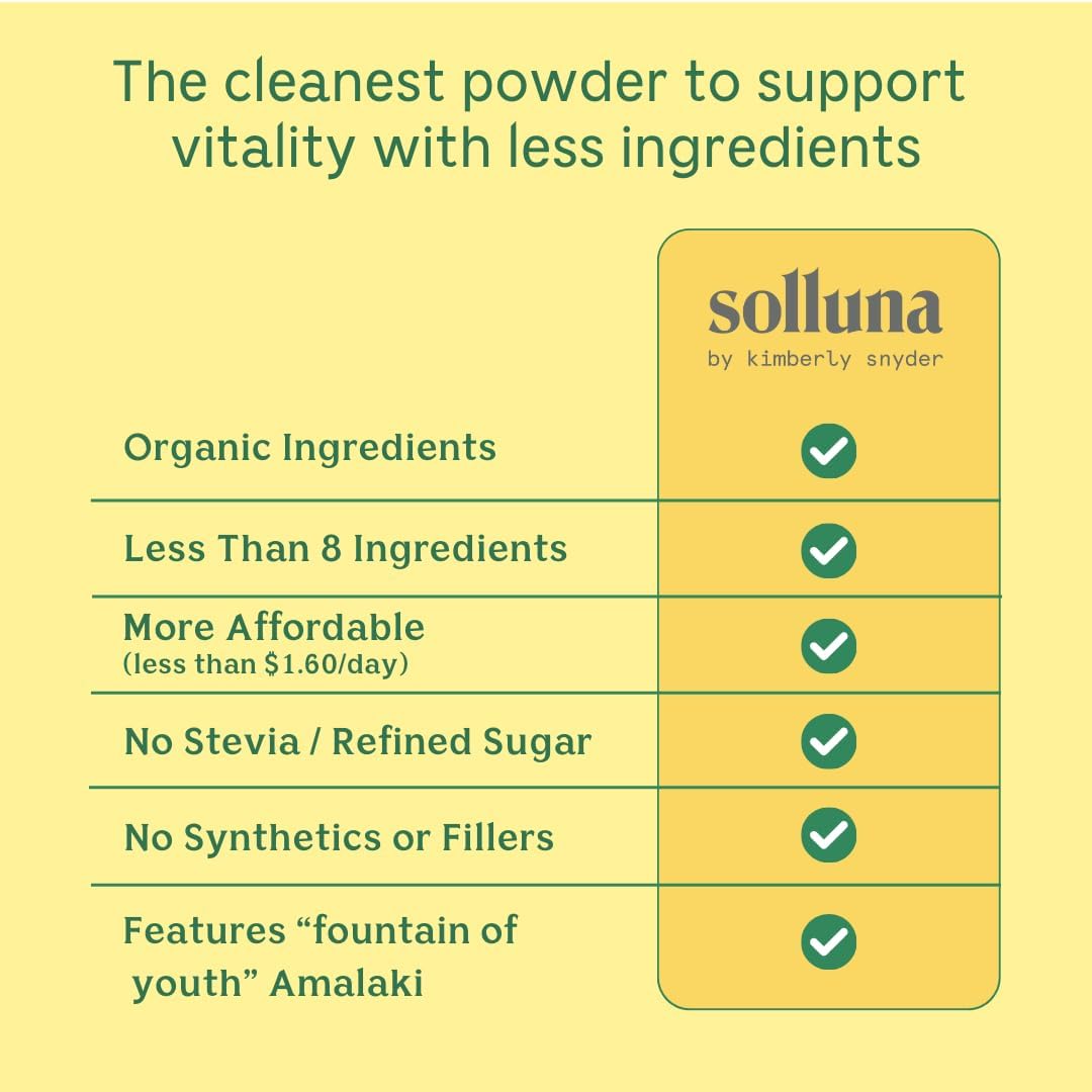 Solluna by Kimberly Snyder Glowing Greens Powder — Spirulina, Cordyceps, Chlorella, Moringa, Ashitaba, Amalaki, Monk Fruit — Superfood Supplement for Energy & Mood (30 Servings) Vegan & Non-GMO