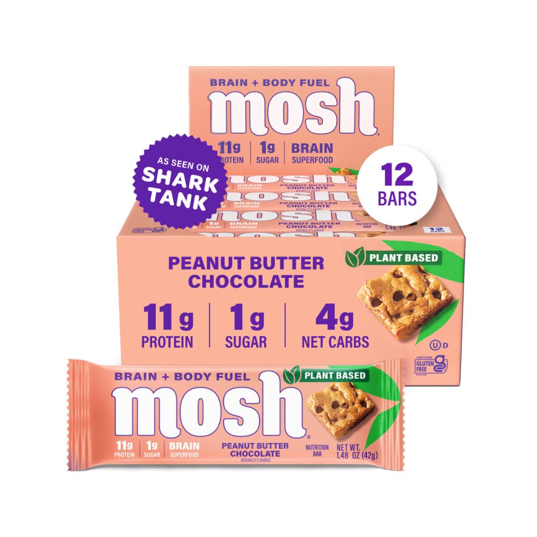 MOSH Peanut Butter Chocolate Plant Based Keto Protein Bars, High Protein, Gluten Free, Brain Healthy Snack with Ashwagandha, and Lion's Mane, 12 Count