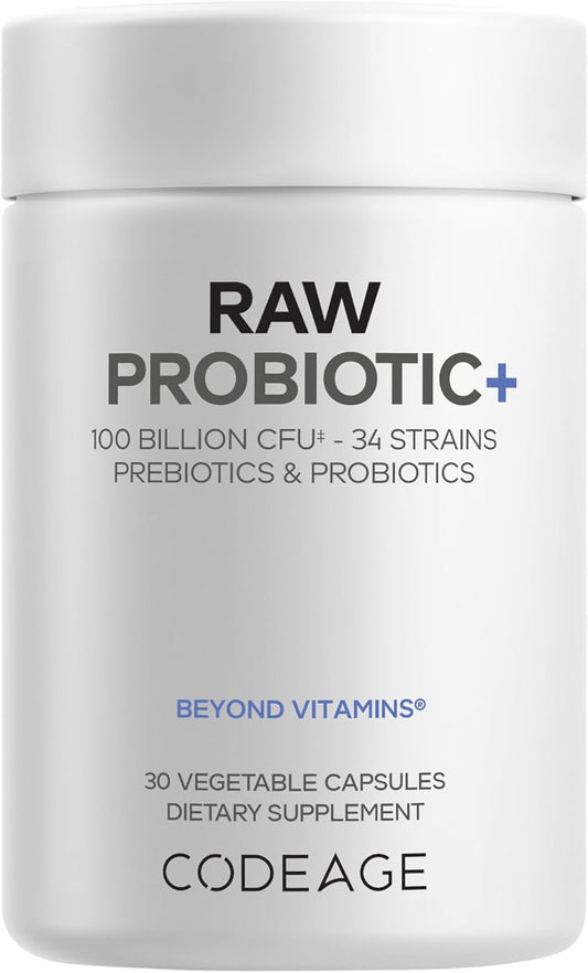 Codeage Raw Probiotic+ Supplement - 34 Probiotic Strains, 100 Billion CFUs, Raw Whole Food Probiotics, Digestive Enzymes, Raw Fruits & Veggies Prebiotics - Wild Kefir Culture - Non-GMO - 30 Capsules