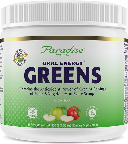 Paradise Herbs ORAC Energy Greens, Apple Superfood Powder, Over 40,000 ORAC Antioxidants, Organic Greens, Berries, Mushrooms & Probiotics, Non-GMO, Gluten-Free, 25 Servings