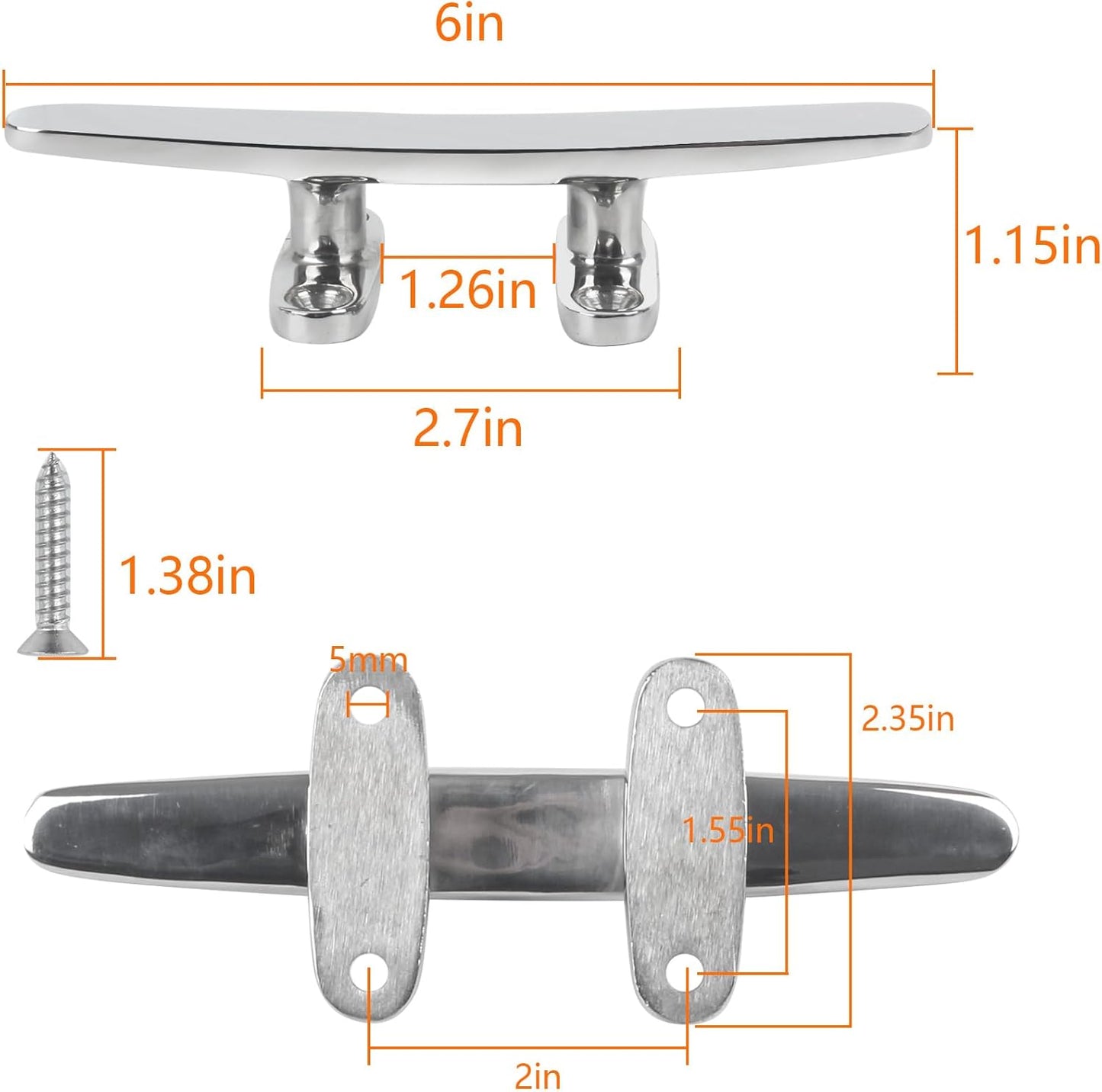 ORLANG 316 Stainless Steel Boat Cleats 5 Inch/6 Inch/8 Inch (3 Size), Open Base Dock Cleats with Fasteners, Boat Dock Cleat Rope Cleat for Boat Docks, Decks or Nautical Decor (4 Pack)