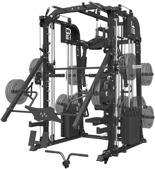 Commercial SmithMachine with Smith Bar, Home Gym Station with Dual Weight Stacks, 4000LBS Power Cage Squat Rack with Lever Arm, Leg Press, LAT Pull Down, Cable Crossover Machine for Full Body Training