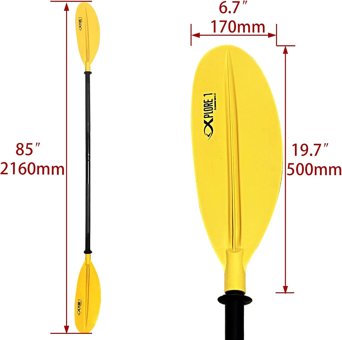 ISURE MARINE 2Pcs Kayak Paddle 85in Kayaking Boating Canoeing Oar Aluminum Shaft Yellow Plastic Blades Adjustable Rowing Paddle with Bungee Paddle Leash for Light Kayaks