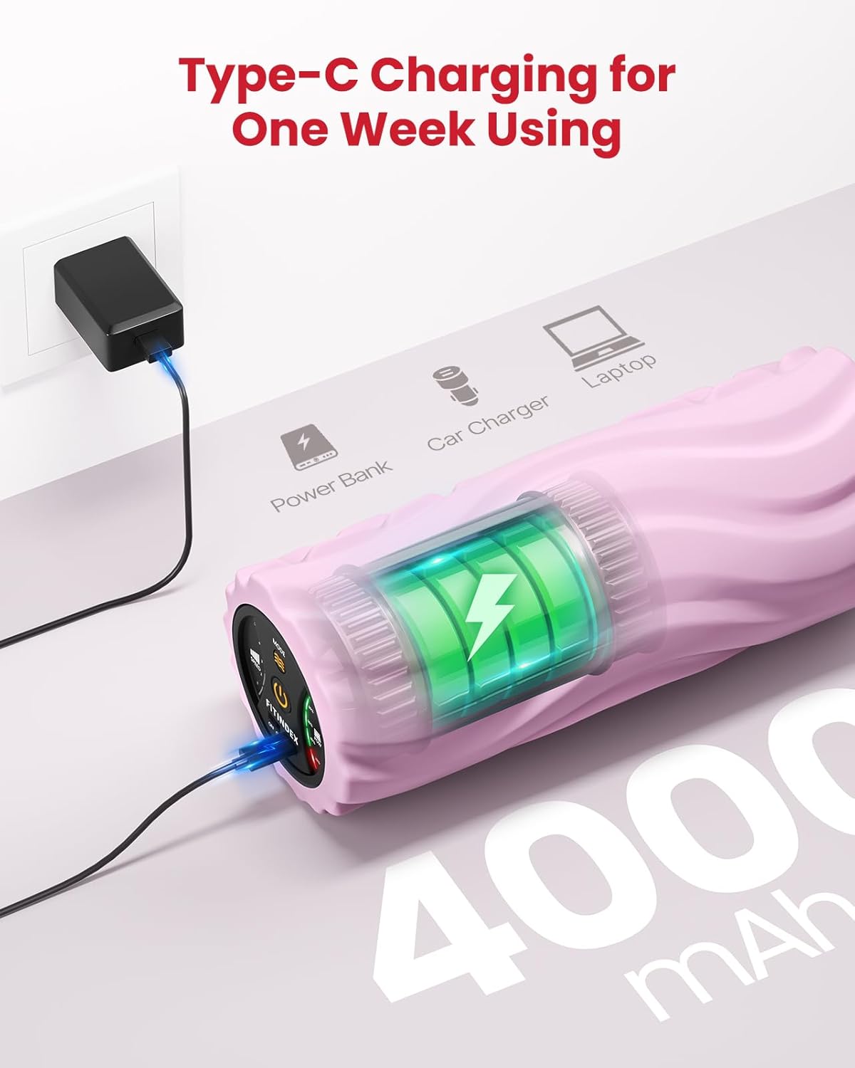 FITINDEX Vibrating Foam Roller for Back Pain, 5-Speed Foam Roller Muscle Massage, Exercise, Yoga, Muscles Deep Tissue, Pilates, Physical Therapy, Recovery, Neck, Leg, Rechargeable, Pink