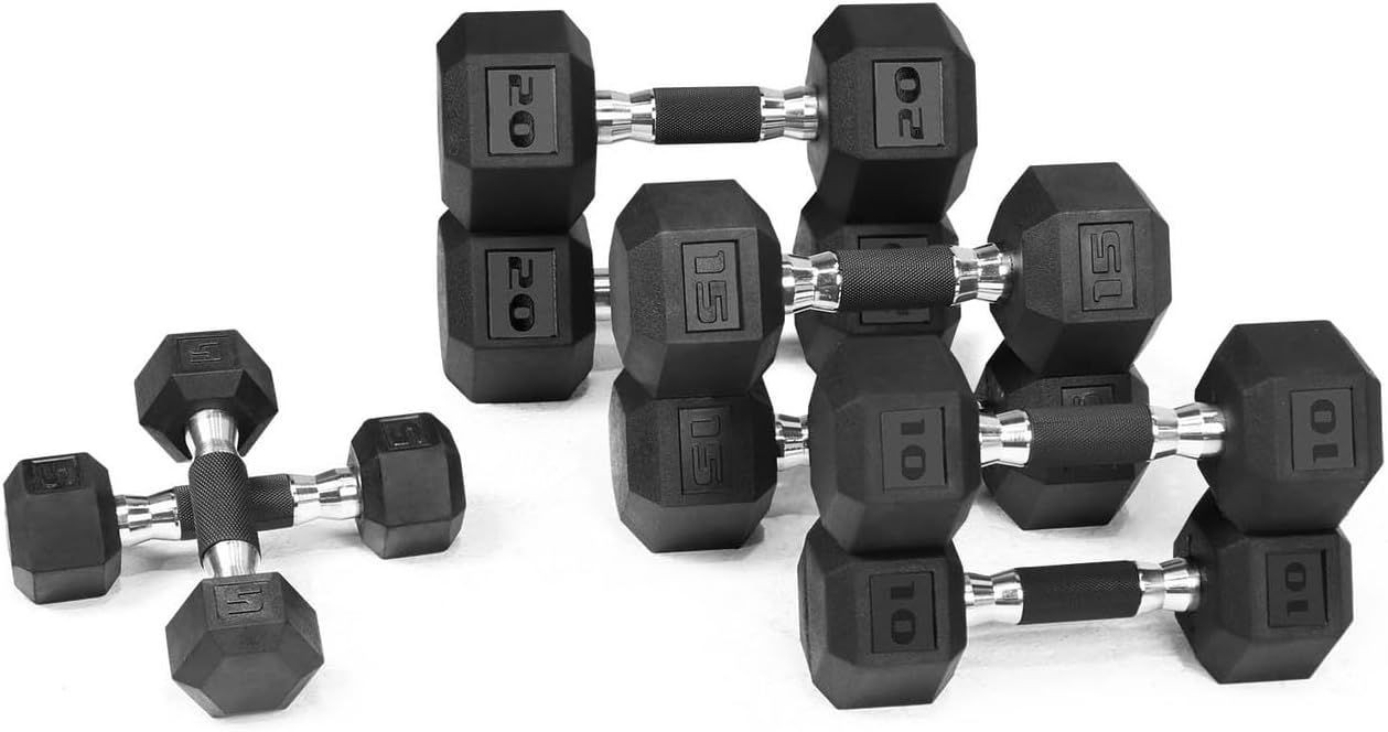 WF Athletic Supply Rubber Encased Hex Dumbbells with Rubber Grip Contoured Handle for Muscle Toning, Strength Building & Full Body Workout