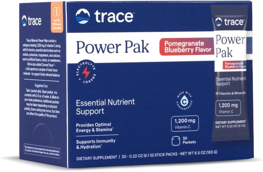 Trace Minerals Power Pak - Health Support Supplement with Vitamins & Minerals- Power Packet Aids Immune Health & Hydration - Mix Powder Supports Bodily Functions - Pomegranate Blueberry (30 Servings)