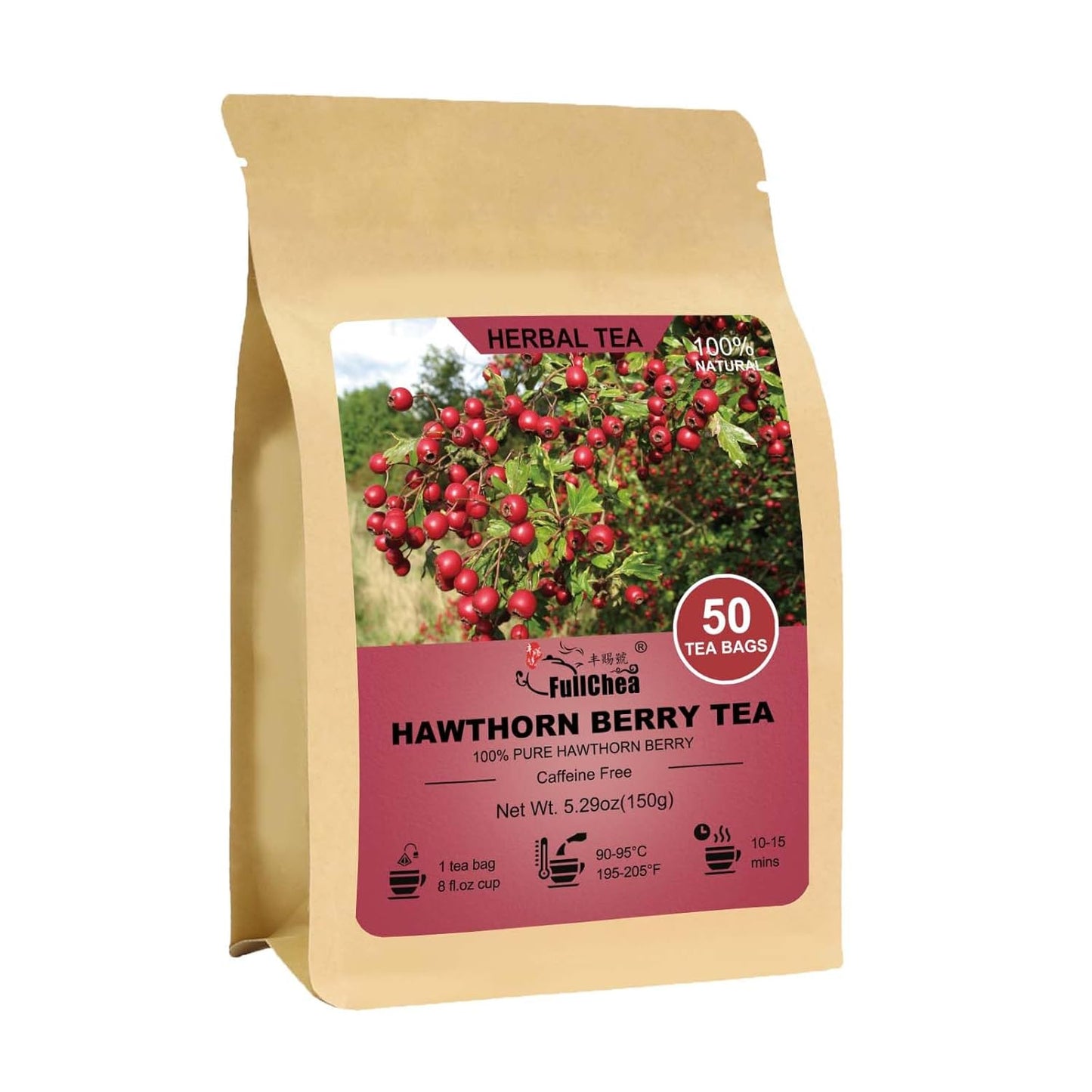 FullChea Hawthorn Berry Tea - 50 Teabags, 3g/bag - Premium, Non-GMO, Caffeine-free, Aids Digestion & Provides Antioxidants