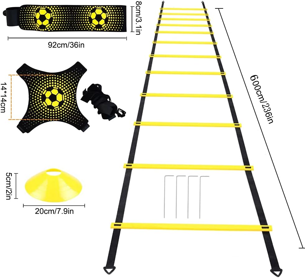 Soccer Speed Agility Training Set - 20FT Agility Ladder 12/16 Sports Cones and Soccer Kick Trainer Football Training Equipment Footwork Drills for Youth and Adults