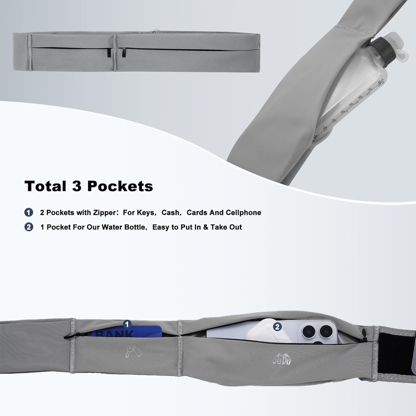 Running Belt for Women and Men, Water Proof Running Belts Fanny Pack with Water Bottle,Slim Hydration Running Bag Belts with Phone Bottle Holder Adjustable Fit for Runner (Grey, Large)