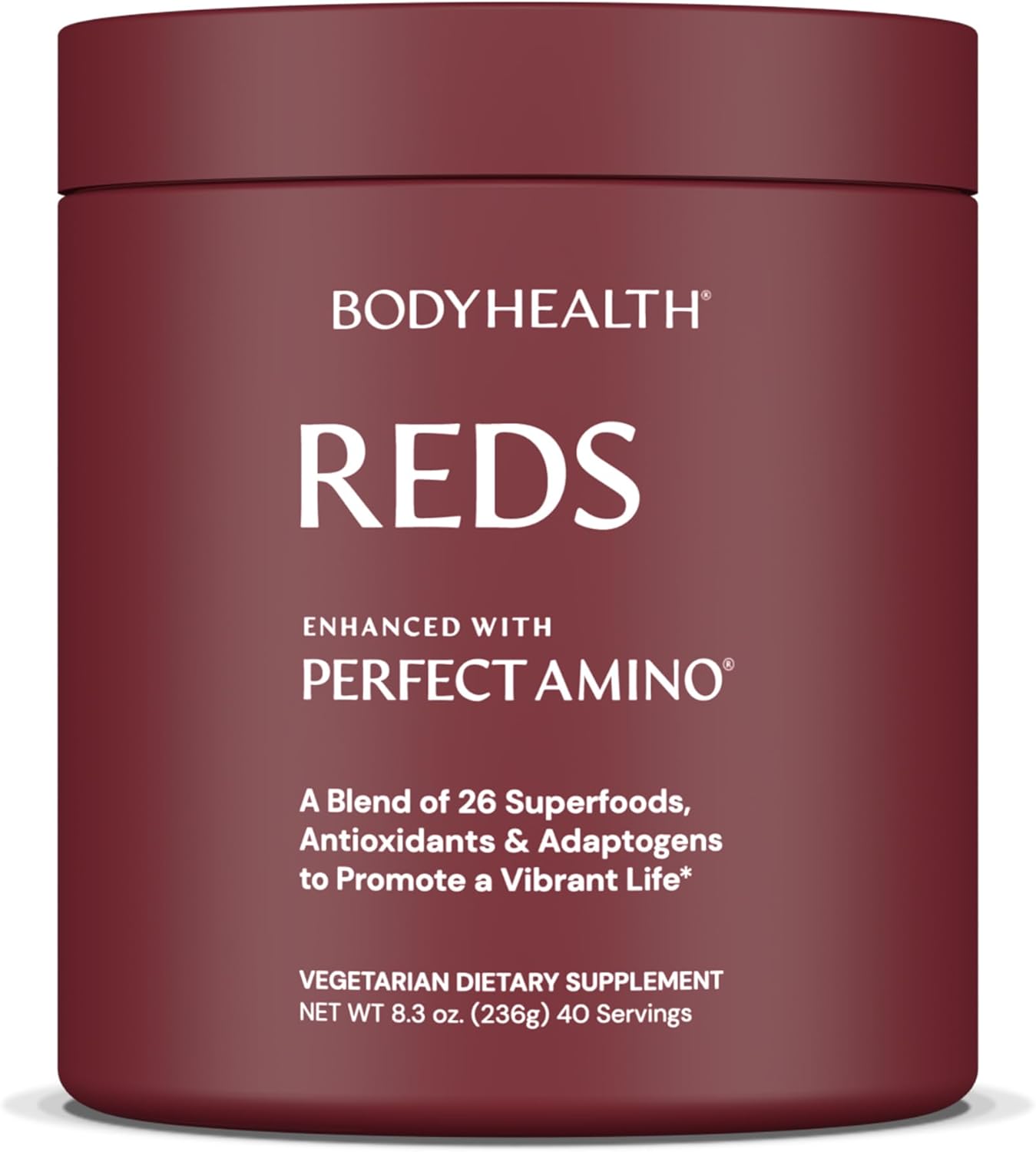 BodyHealth Reds Enhanced with PerfectAmino - Daily Superfood Smoothie Powder with Antioxidants, Adaptogens, Phytonutrients, Fruit, Prebiotics, Probiotics, Fiber, and Protein - 40 Servings