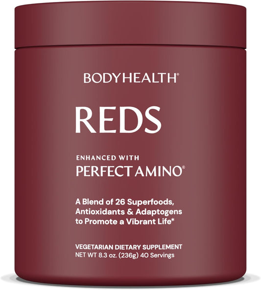 BodyHealth Reds Enhanced with PerfectAmino - Daily Superfood Smoothie Powder with Antioxidants, Adaptogens, Phytonutrients, Fruit, Prebiotics, Probiotics, Fiber, and Protein - 40 Servings