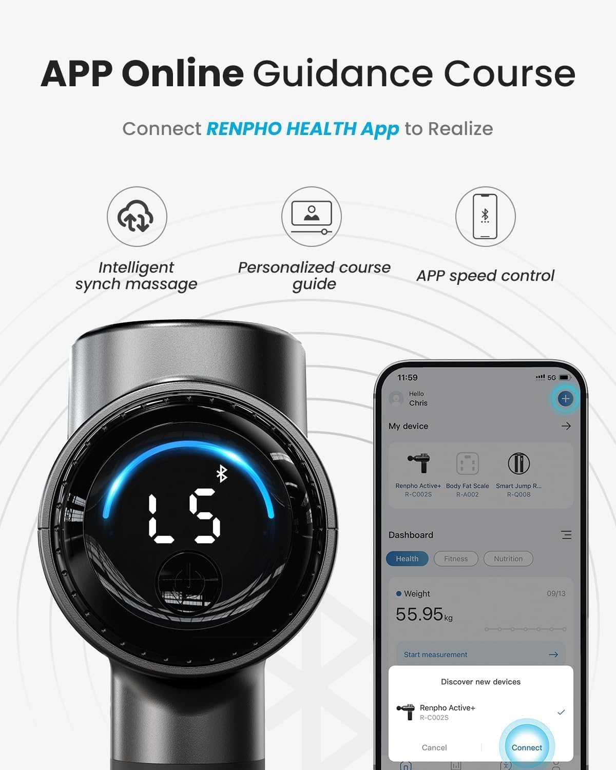 RENPHO Massage Gun with Heat, Portable Percussion Massager with Bluetooth for Back and Neck, Gifts for Men and Women, Carry Case, Active+ Thermal